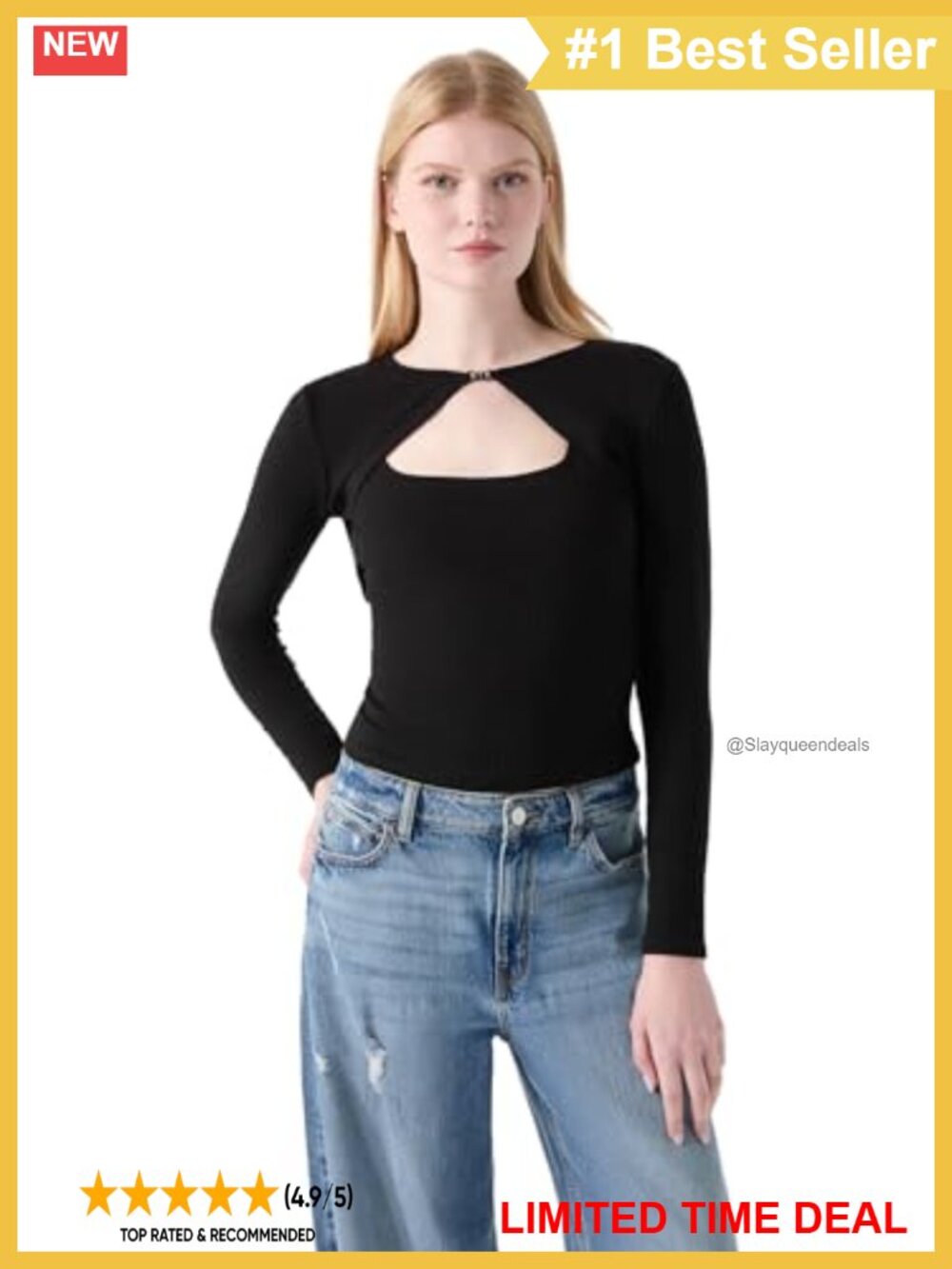 Rib Knit Long Sleeve Cutout Top Crew Neck Fitted Women's Tee